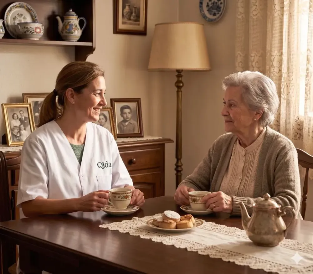 "Cuidadora con uniforme de Qida y una mujer mayor sentadas a la mesa tomando el té y conversando en el salón de una casa.